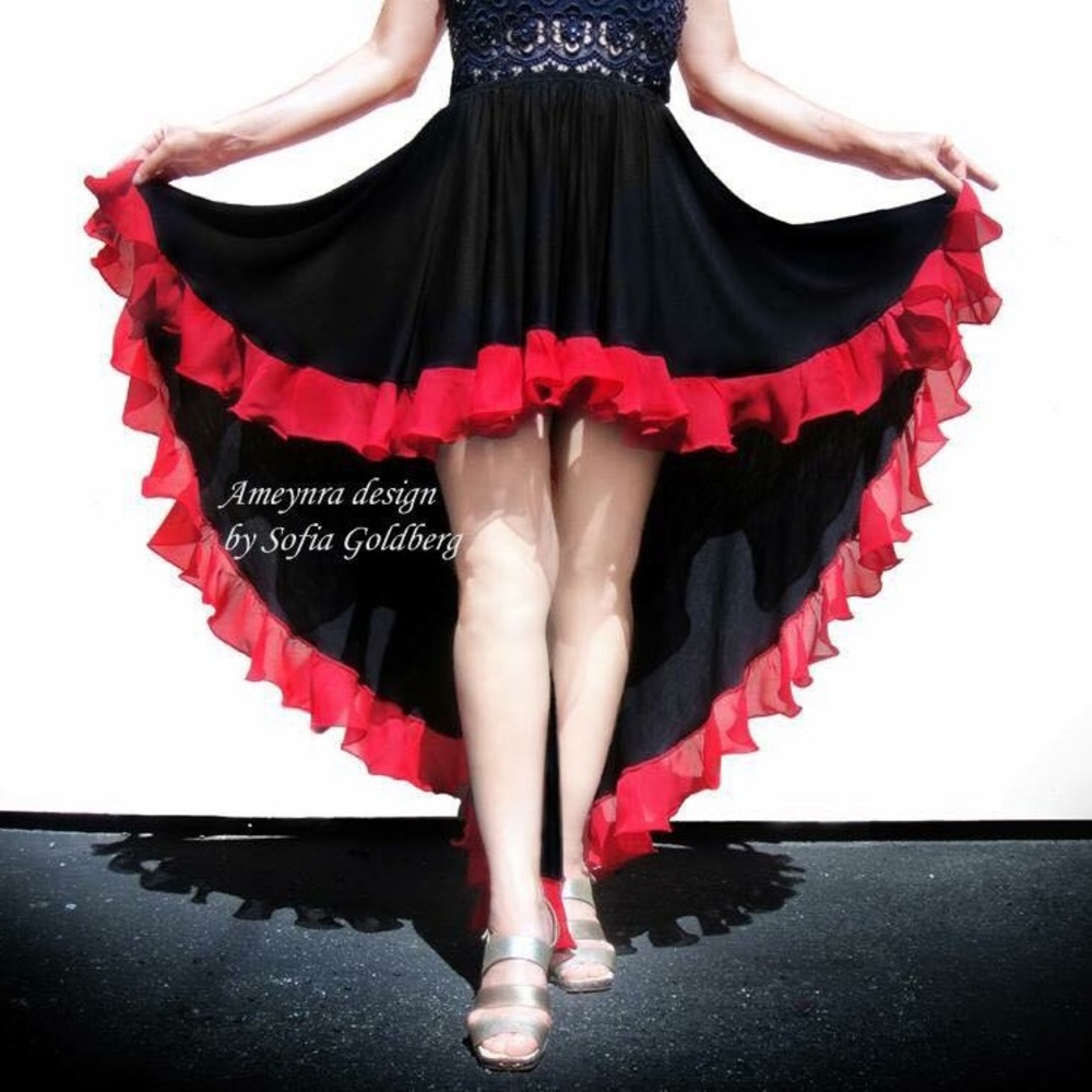 Ameynra high low skirt black rayon with red chiffon ruffle new